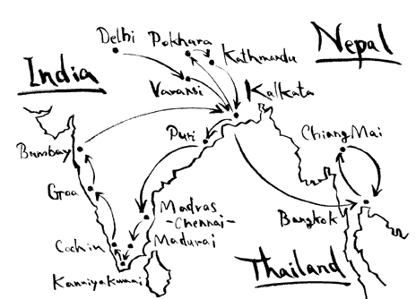 貴年が歩んだ手書きマップ（インド・タイ）の画像